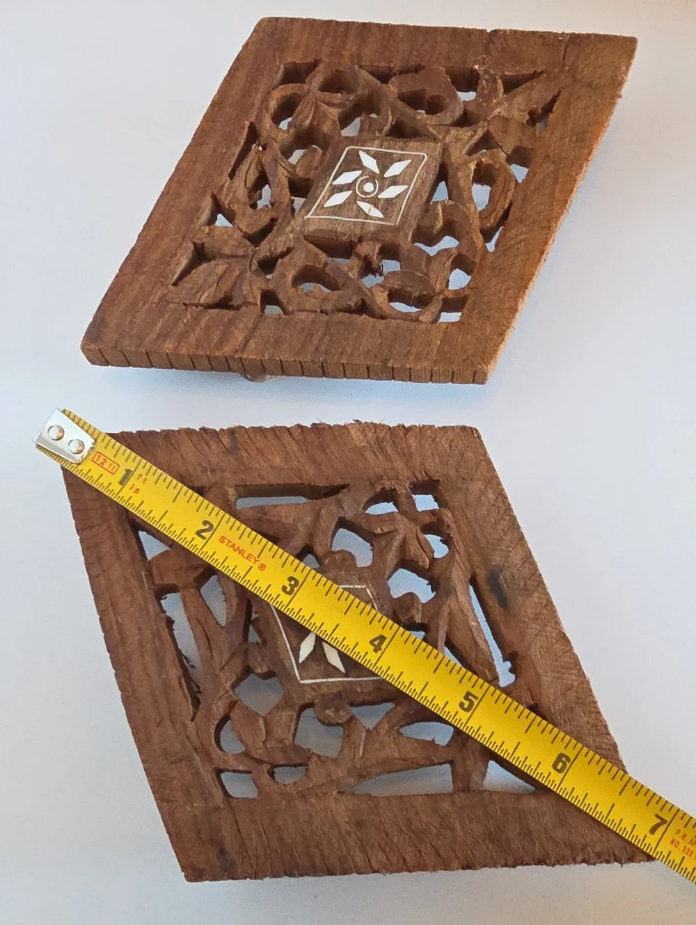 Vintage 1970's Hand Carved Wood Trivet with Tab Feet India -Set Of 2